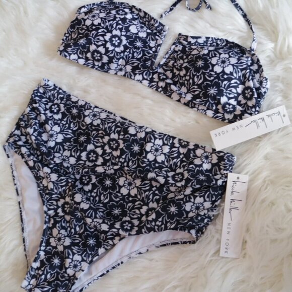 NWT Nicole Miller Bikini Set Size XL Black White Floral High Rise Bathing Suit - Picture 4 of 8